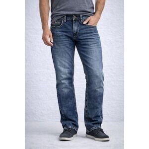True Luck Mens Straight Leg Jeans Medium Wash Blue Denim 36x32 Stretch Stitching